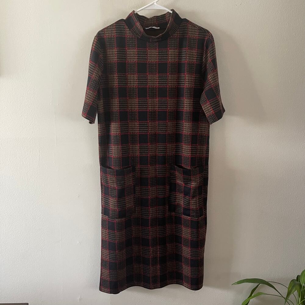 Zara Womens L Plaid Midi Shift Dress Black Red Short Sleeve Pockets